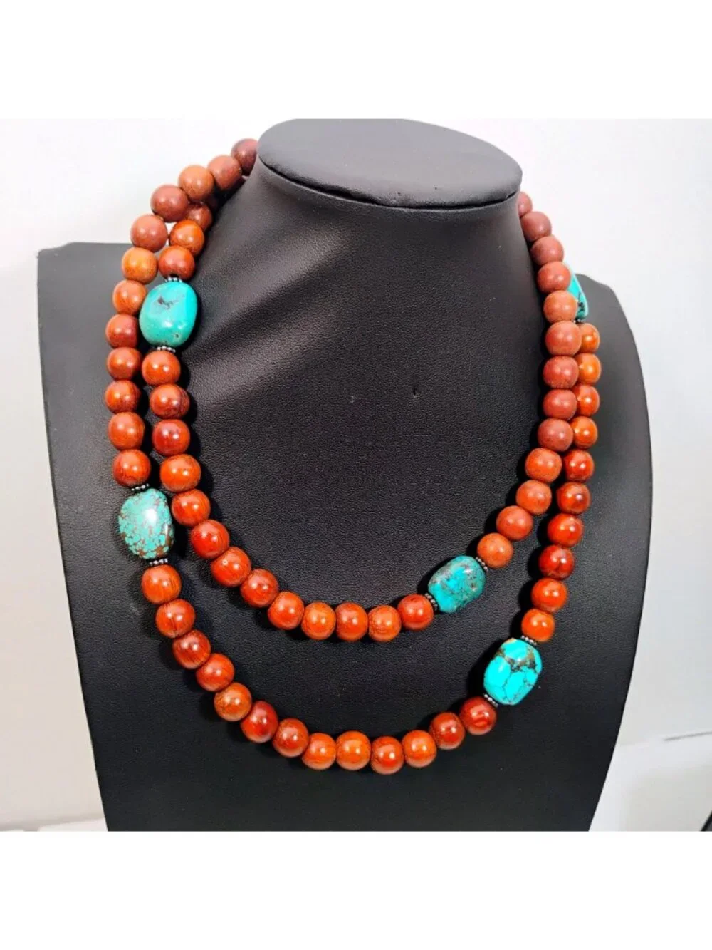 Signed Peyote Bird Designs Turquoise Nugget & Wood Bead Extra Long Necklace 36